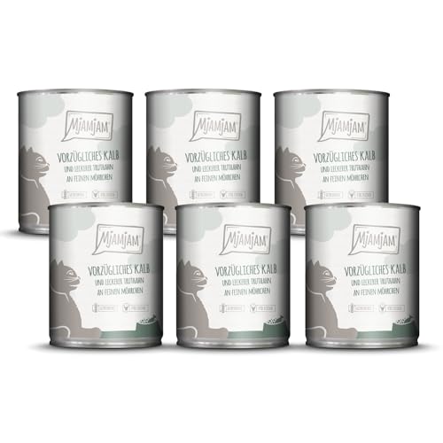 MjAMjAM - Premium Nassfutter für Katzen - vorzügliches Kalb & Truthahn an leckeren Möhrchen, 6er Pack (6 x 800 g), getreidefrei mit extra viel Fleisch von MjAMjAM