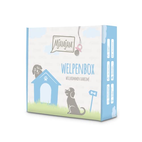 MjAMjAM - Premium Nassfutter für Hunde - Welpenbox - 6* Junior - saftiges Huhn mit Ei, Welpen-Futterbeutel, Kugelschreiber, Dosendeckel, 6er Pack (6 x 200 g), getreidefrei mit extra viel Fleisch von MjAMjAM
