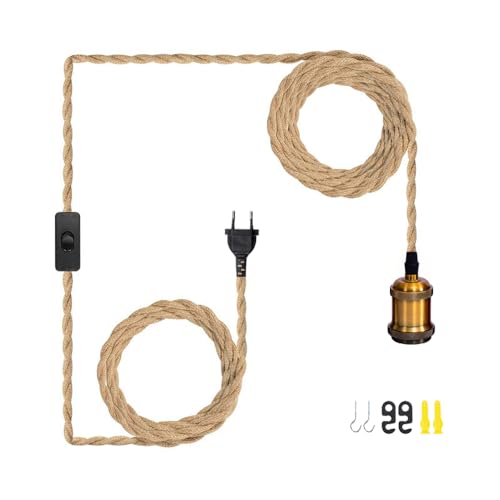 Mkichi Vintage Hanfseil Pendelleuchte Industrie Hängelampe mit Stecker,Pendellampe Kit Lampenfassung E27 mit Kabel,Seil Lampe Textilkabel Hängeleuchte mit Schalter Retro Lampenkabel (Bronze 4.5M) von Mkichi