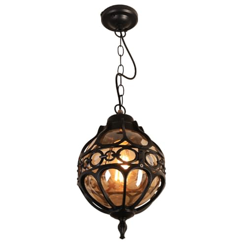 Mkichi Vintage Outdoor Hängelampe E27 Außen Pendelleuchte Schwarz Gartenlampe Kugel-Design,Retro IP44 Außenlampe Hängeleuchte Aluminium Glas Lampenschirm für Garten Terrasse Pavillon (Schwarz) von Mkichi