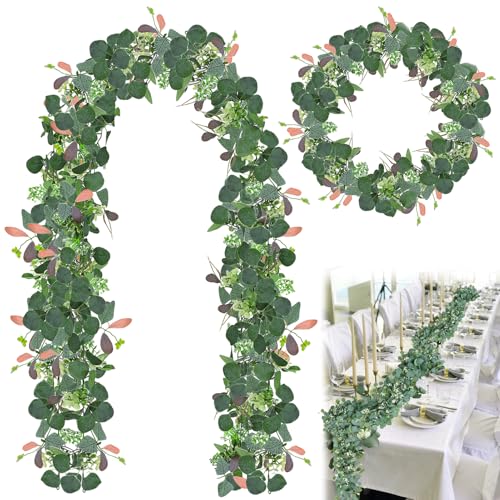 2 Stück Eukalyptus Girlande 180cm, Künstliche Girlanden Eukalyptus Deko, Hängend Grüne Blätter Deko Euk alyptus Künstlich für Hochzeiten Partys Esstische Kaminsimse von Mkitnvy