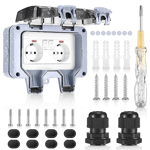 Außensteckdose IP66 Wetterfest,Gartensteckdose Aufputz Schutzkontakt,Outdoor Steckdose 2fach mit Klappdeckel,Staubdicht Steckdose,für Feuchtraum Garten den Aussenbereich,Garage von Mkitnvy