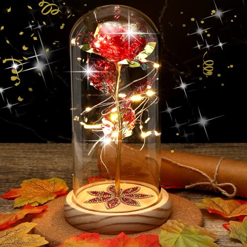 Ewige Rose im Glas, Ewige Rose Geschenke mit LED-Licht, Glaskuppel, Holzsockel, mit Einer wunderschönen Geschenkbox, Lange Haltbarkeit, für Frauen, Valentinstag, Muttertag, Hochzeit, Jubiläum von Mkitnvy