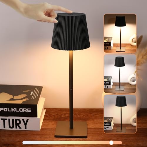 Mkitnvy LED Tischlampe Akku, Tischleuchte Kabellos Dimmbare mit Touch Control, 3 Lichtmodi, Wiederaufladbar USB, IP54 für Schlafzimmer Bar Restaurant (Schwarz) von Mkitnvy