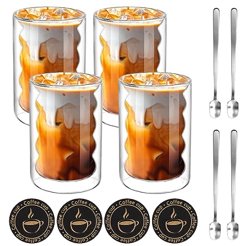 Mkitnvy 4er Set Doppelwandige GläSer mit 4 Löffeln und 4 Untersetzern, 350ML ThermogläSer Doppelwandig aus Borosilikatglas für Latte,Tee,EIS,Eistee,Iced Americano (4pcs) von Mkitnvy
