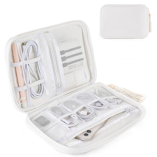 Mkono Elektronik Tasche, Kabel Organizer Tasche, tragbar travel essentials, Aufbewahrungsbox Reiseutensilien Zubehör für Kabel, Ladegerät, USB, SD-Karte für Frauen, Baumwolle weiß von Mkono