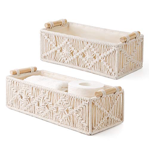 Mkono Makramee Aufbewahrungskörbe Dekor Box Handgemachte Gewebte Dekorative Arbeitsplatte Toilettentank Regal Schrank Organizer, Boho, für Schlafzimmer Kinderzimmer Wohnzimmer 2er Set, Elfenbein von Mkono