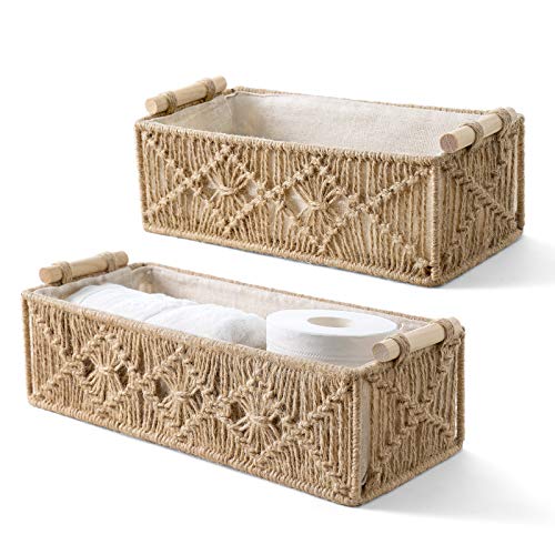 Mkono Makramee Aufbewahrungskörbe Dekor Box Handgemachte Gewebte Dekorative Arbeitsplatte Toilettentank Regal Schrank Organizer Boho Dekor für Schlafzimmer Kinderzimmer Wohnzimmer 2er Set, Braun von Mkono