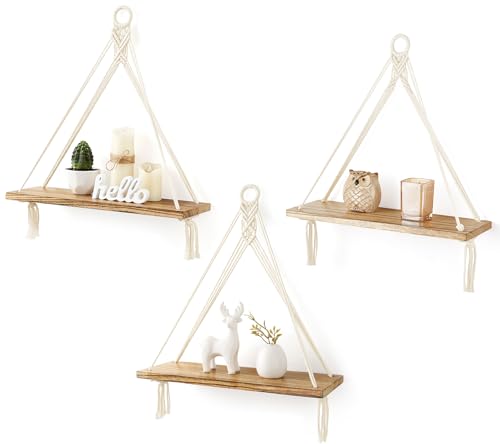 Mkono Makramee Hängeregale Boho Wanddekoration 3er Set Rustikales Holz Schweberegal für Schlafzimmer Badezimmer Wohnzimmer Kinderzimmer Schlafsaal Ausstellungsregal zum Aufhängen von Pflanzen Fotos von Mkono