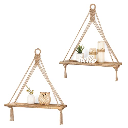 Mkono Makramee Wandregal Holz Regal Boho Deko Hängeregal Baumwollseil Handgewebte Schweberegal Balkon Badezimmer Wohnzimmer Schlafzimmer Kinderzimmer, 2er Set, Braun von Mkono