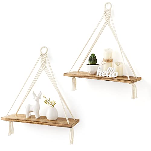 Mkono Makramee Wandregal Holz Regal Boho Deko Hängeregal Baumwollseil Handgewebte Schweberegal Balkon Badezimmer Wohnzimmer Schlafzimmer Kinderzimmer, 2er Set von Mkono