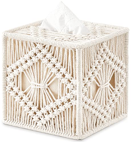 Mkono Taschentuchbox Abdeckung Makramee Quadratische Taschentuchbox Halter Boho Dekor Offener Boden Taschentuch-Organizer Bohemian Handmade Woven Tissue Cube Box für Badezimmer Schlafzimmer Kommode von Mkono