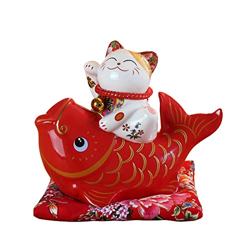 Maneki Neko Glückskatze Glücksbringer Spardose aus Porzellan Katze und Fisch,Rot von Mkuha