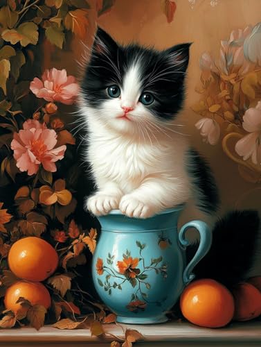 Katze Diamond Painting Erwachsene Blume Diamant Painting Bilder Anfänger, Diamond Painting Bilder Set für Anfänger, 5D DIY Diamant Malerei Basteln Erwachsene, Wanddeko Wohnzimmer 60x80cm, Model 567 von Mlfzsccn