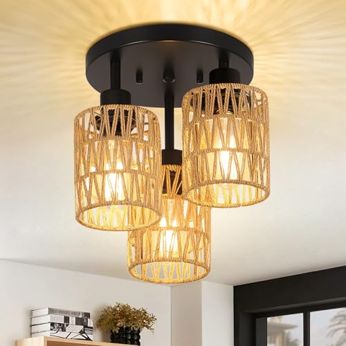 Mlihove Rattan Deckenlampe Hängend 3-flammige, Boho Deckenleuchte mit Rattan Lampenschirm, Rustikal Bambus Hängelampe Vintage E27 Korb Lampe für Wohnzimmer Schlafzimmer Küche Balkon Flur Bar von Mlihove