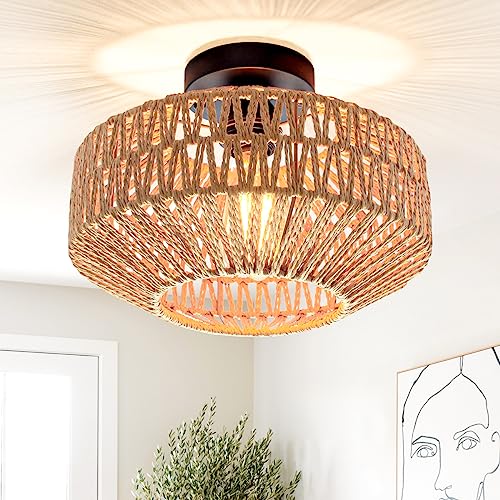 Mlihove Rattan Deckenlampe Handgefertigt Boho Deckenleuchte mit Gewebtem Lampenschirm Vintage Bambus Hängelampe Rustikal E27 Korb Lampe für Wohnzimmer Schlafzimmer Küche Balkon Flur Bar von Mlihove