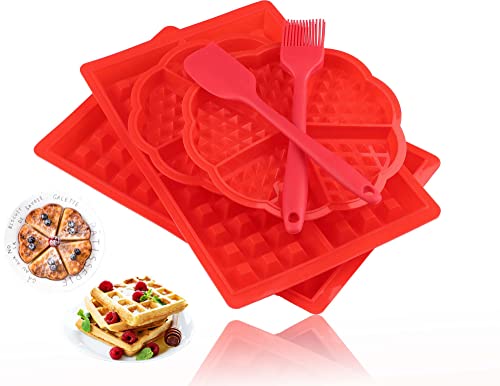 Mlying Silikon Waffelform Backform 4 Stück Waffeln Formkuchenform Schokoladen Süßigkeiten Formen Rot Herz und Rechteckige mit Teigschaber und Pinsel (4pcs) von Mlying