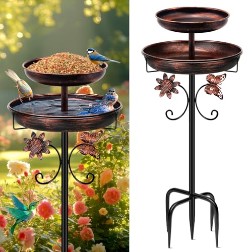 Mngren Vogeltränke Stehend,Vogelbad für Draußen Garten,2 In 1 Metall Vogelbecken Schüssel Wassertränke für Vögel, Antike Vogeltränke Winterfest Futter Wasserschale (Antike Bronze) von Yepper