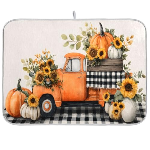 Abtropfmatte für Geschirr mit Kürbis- und Sonnenblumen-Motiv, saugfähig, 40,6 x 45,7 cm, Orange von Mnsruu