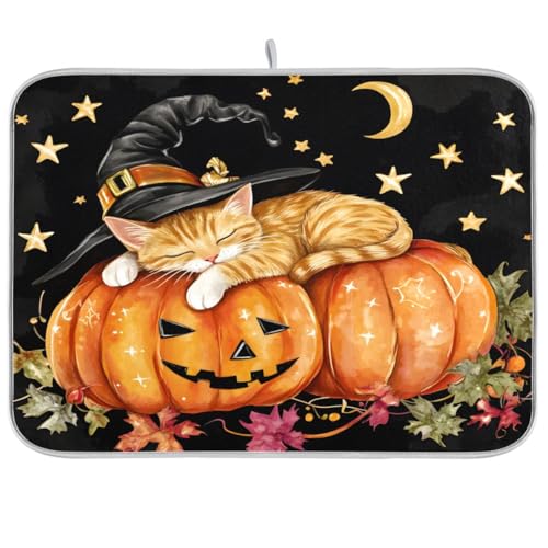 Abtropfmatte mit niedlicher Katze, schlafender Kürbis, 45,7 x 61 cm, saugfähiges Geschirr-Pad, Abtropfmatte, Schutz für Küche, schnell trocknend von Mnsruu
