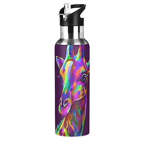 Bunte Giraffe Wasserflasche für Jungen Mädchen Isolierte Thermoskanne Edelstahl Vakuum Trinkflasche Strohhalm Auslaufsicher Sport 600ml von Mnsruu