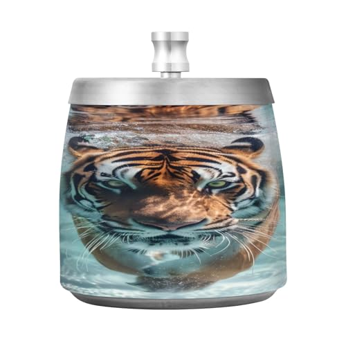 Der Tiger schwimmt unter der Erde im Schwimmbad Aschenbecher mit Deckel Outdoor Aschenbecher Sets für Zigaretten Terrasse Edelstahl Winddicht von Mnsruu