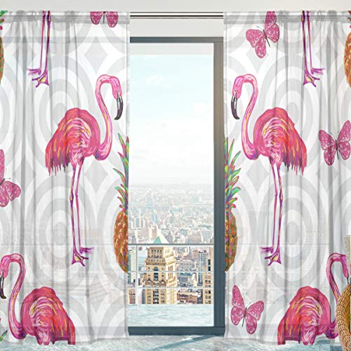 Fenster Vorhänge, Gardinen Platten Fenster Behandlung Set Voile Drapes Tüll Vorhänge Muster von gestreift Flamingo 198 cm lang für Wohnzimmer Schlafzimmer Girl 's Room 2 Platten von Mnsruu