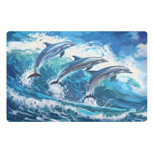 Fußmatte für den Innenbereich, 50 x 80 cm, Delfine gesprungener blauer Ozean, rutschfest, waschbar, saugfähig, Eingangsteppich, Bodenmatte von Mnsruu