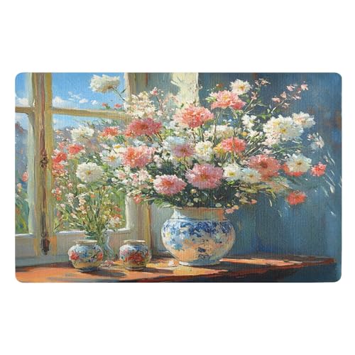 Fußmatte für den Innenbereich, 50 x 80 cm, Motiv: Frühlingsblumen, rutschfest, waschbar, saugfähig, Eingangsteppich, Bodenmatte von Mnsruu