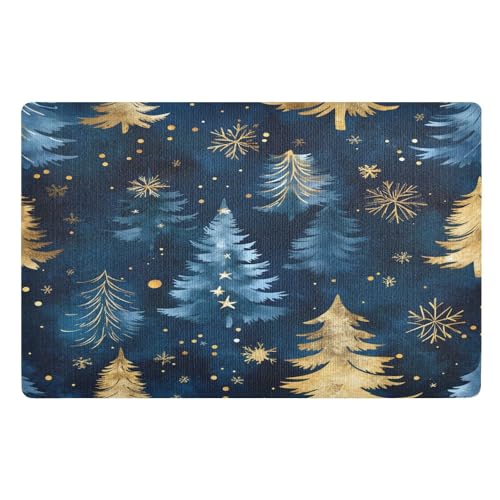 Fußmatte für den Innenbereich, 50 x 80 cm, Motiv: Goldener Weihnachtsbaum, Schneeflocke, schwarz, rutschfest, waschbar, saugfähig, Eingangsteppich, Bodenmatte von Mnsruu