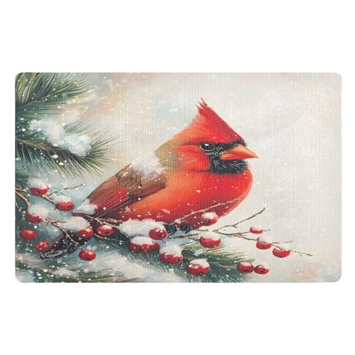 Fußmatte für den Innenbereich, 50 x 80 cm, Motiv: rote Kardinäle, Weihnachtsbaum, Schneeflocken, rutschfest, waschbar, saugfähig, Eingangsteppich, Bodenmatte von Mnsruu