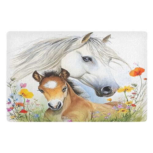 Fußmatte für den Innenbereich, 50 x 80 cm, Weiß, Pferd, Pony, Blume, rutschfest, waschbar, saugfähig, Eingangsteppich, Bodenmatte von Mnsruu