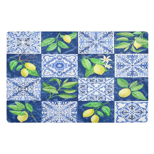 Fußmatte für den Innenbereich, 50 x 80 cm, blaue Mosaikfliesen, Zitronenblätter, rutschfest, waschbar, saugfähig, Eingangsteppich, Bodenmatte Fußmatte für den Innenbereich, 50 x 80 cm, blaue Mosaikfliesen, Zitronenblätter, rutschfest, waschbar, saugfähig, Eingangsteppich, Bodenmatte von Mnsruu