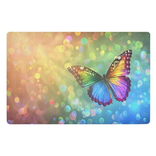 Fußmatte für den Innenbereich, 50 x 80 cm, glänzend, Regenbogen-Glitzer, Schmetterling, rutschfest, waschbar, saugfähig, Eingangsteppich, Bodenmatte von Mnsruu