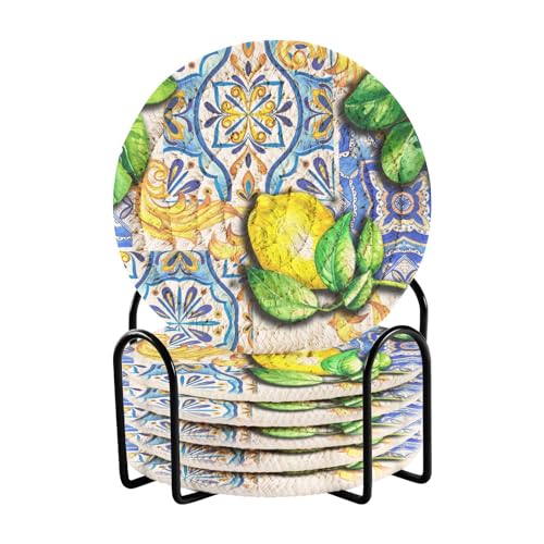 Getränkeuntersetzer Mediterrane Zitronen Fliesen Untersetzer Set von 6 mit Halter Runde saugfähige Tassenmatten für Bar Kaffee Tischplatte Schutz von Mnsruu