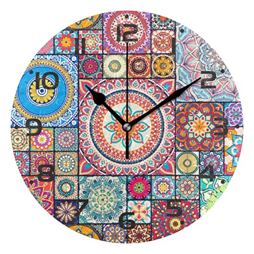 Große Wanduhren, marokkanisches böhmisches Mandala, indisches buntes rosa Tribal, batteriebetrieben, nicht tickend, 25,4 cm, stille Kunst, Schlafzimmer, Küche, Atomuhr, analoge Uhren, Heimdekoration von Mnsruu