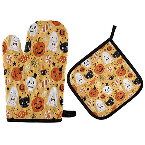 Halloween Ofenhandschuhe und Topflappen Set Kürbis Schädel Ofenhandschuh hitzebeständig bis 200 F Küche rutschfeste Griff Ofenhandschuhe für Mikrowelle BBQ Kochen Backen Grillen von Mnsruu