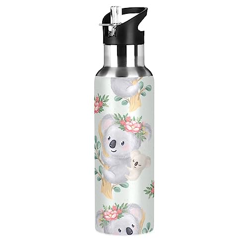 Koala Süße Blumen Wasserflasche für Jungen Mädchen Isolierte Thermos Edelstahl Vakuum Trinkflasche Strohhalm Auslaufsicher Sport 600ml von Mnsruu