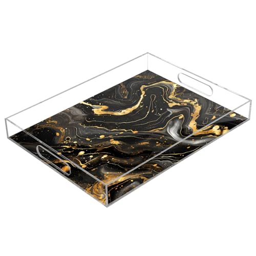 Luxuriöses Serviertablett aus Acryl in Schwarz und Gold, Marmorstruktur, transparent, rechteckig, mit Griffen, Servierplatte für Couchtisch, Küche, Badezimmer von Mnsruu