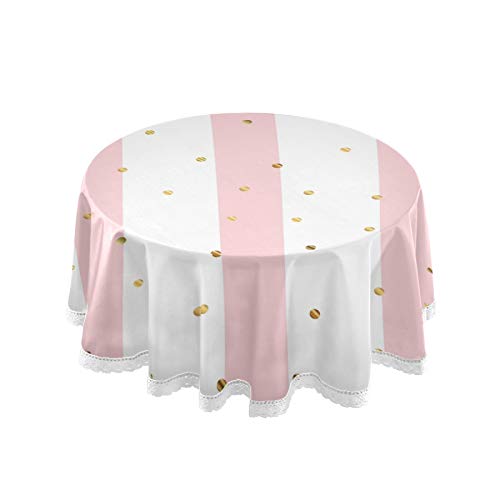 MNSRUU Goldene Punkte auf rosa gestreifte überwältigende runde Tischdecken für runde Tischdecken, Tischdecke für Buffet-Tische, Partys, Urlaubsessen, 152 cm von Mnsruu