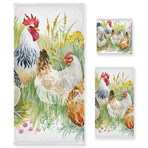 MNSRUU Handtuch-Set mit Huhn und Hahn, für Damen und Mädchen, Badetücher, Handtücher und Waschlappen, saugfähiges Badezimmer-Zubehör von Mnsruu