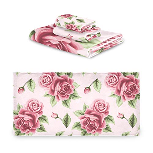 MNSRUU Handtuch-Set mit rosa Rosenmuster, für Damen und Mädchen, Badetücher, Handtücher und Waschlappen, saugfähiges Badezimmer-Zubehör von Mnsruu