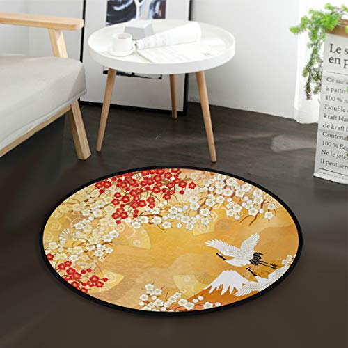 MNSRUU Japanischer Teppich, Kran, Vogel-Blumen-Design, rund, für Wohnzimmer, Schlafzimmer, 92 cm Durchmesser von Mnsruu