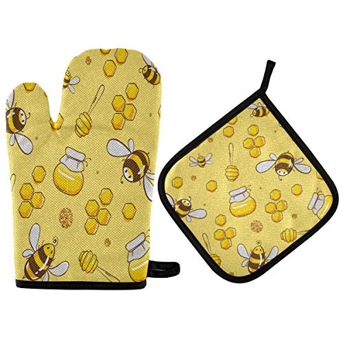 MNSRUU Ofenhandschuhe und Topflappen, fliegende Bienen, hitzebeständig, für Küche, Backen, Grillen, 2 Stück von Mnsruu