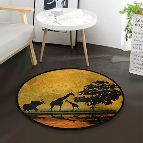 Mnsruu Afrika Silhouette von Elefant, Giraffe, Baum, runder Teppich, für Wohnzimmer, Schlafzimmer, 92 cm Durchmesser von Mnsruu