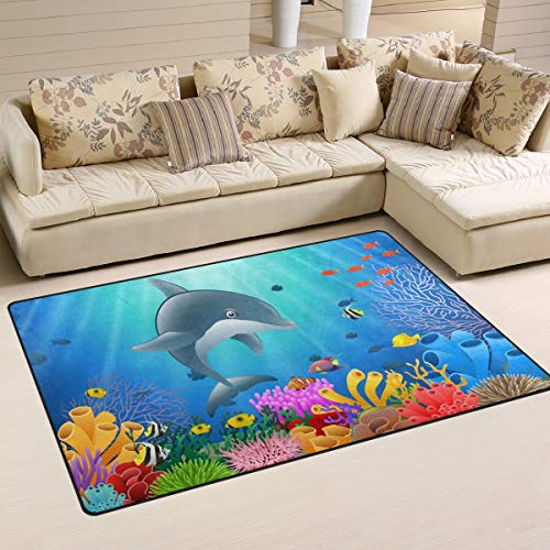 MNSRUU Unterwasser-Teppich, Cartoon-Delfin, Korallenriff, rutschfeste Fußmatte für Kinder, Wohnzimmer, Schlafzimmer, Textil, Multi, 50 x 80 cm(1.7' x 2.6' ft) von Mnsruu