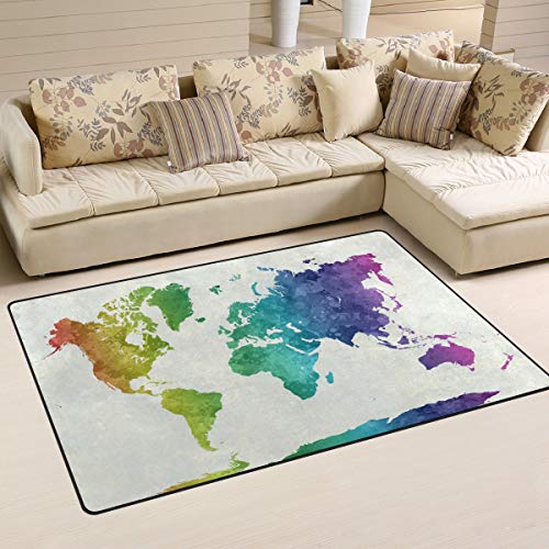 MNSRUU Rutschfeste Fußmatte mit Weltkarten-Motiv, Grün / Lila / Blau, Textil, multi, 100 x 150 cm(3' x 5' ft) von Mnsruu