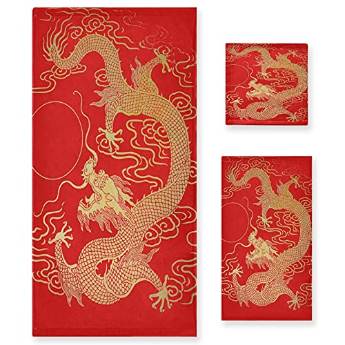 Mnsruu 3-teiliges Frottiertücher Badetuch-Set mit chinesischem Rotdrachen und goldfarbenen Handtüchern für Badezimmer, Spa, Hotel, 1 Badetuch + 1 Waschlappen Mnsruu 3-teiliges Frottiertücher Badetuch-Set mit chinesischem Rotdrachen und goldfarbenen Handtüchern für Badezimmer, Spa, Hotel, 1 Badetuch + 1 Waschlappen von Mnsruu