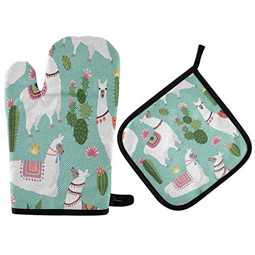 Mnsruu Cartoon Alpaka Llama-Kaktus mit Blumen Ofenhandschuh und Topflappen Set Hitzebeständig Küchenhandschuh zum Kochen, Backen, Grillen, Grillen von Mnsruu