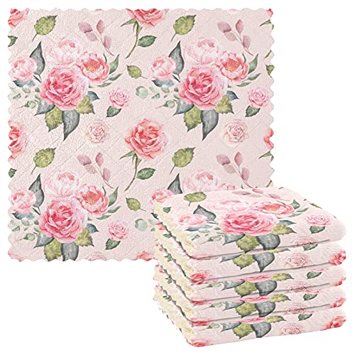 Mnsruu Chic Pink Rose Flower Floral 6 Stück Küchentücher Geschirrtuch Geschirrtuch Spültücher schnell trocknend super weich 28 x 28 cm von Mnsruu